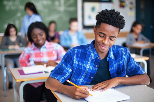 A student who is participating in an academic writing test